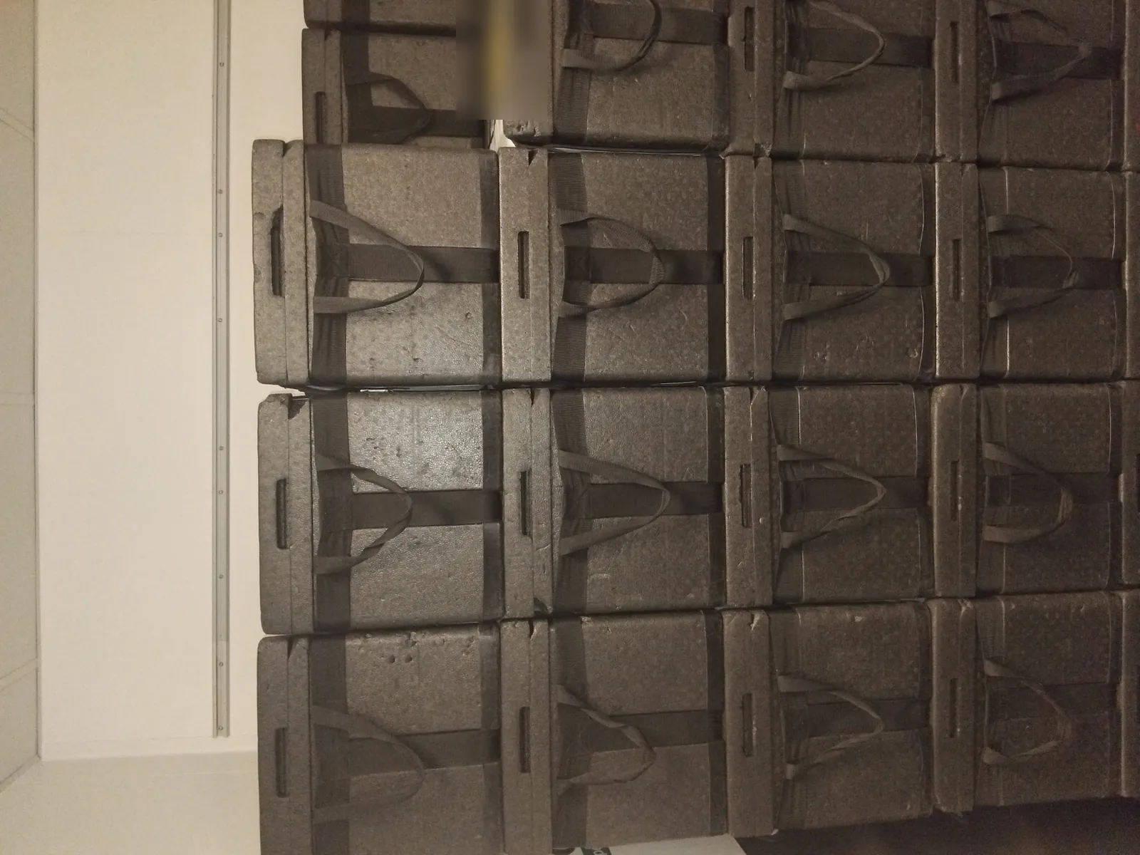 Stacked insulated thermal transport boxes used by Red Eagle Logistics for temperature-controlled cold-chain courier deliveries